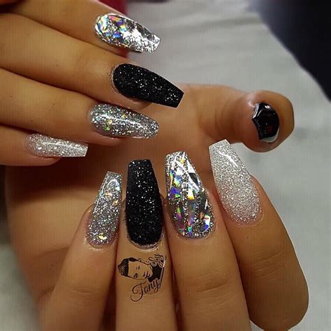 black acrylic nails with glitter|More.